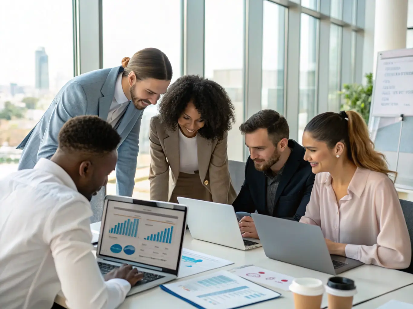 A professional team analyzing workforce data on a large screen in a government office setting, representing FANNIETECH's work in Government Workforce Optimization.