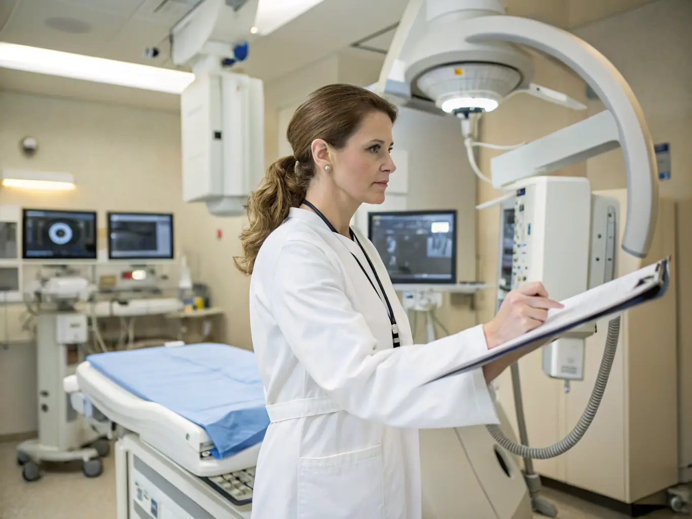 A doctor using a tablet to review patient data in a hospital setting, illustrating FANNIETECH's involvement in the Healthcare industry.