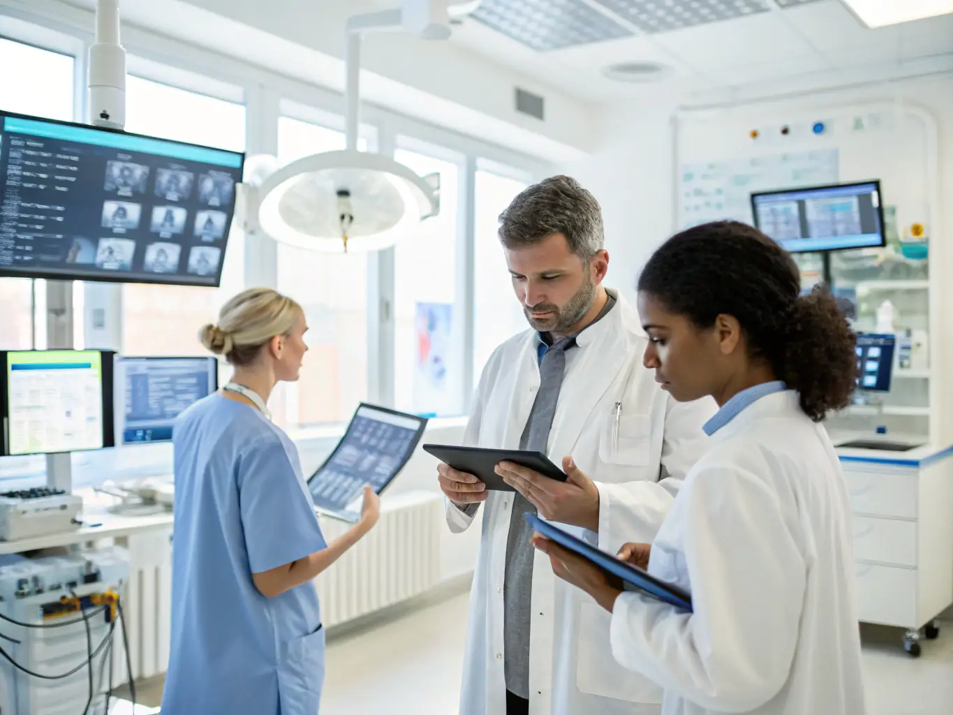 Healthcare professionals collaborating over digital dashboards displaying HR metrics, showcasing FANNIETECH's Healthcare Talent Solution Deployment.
