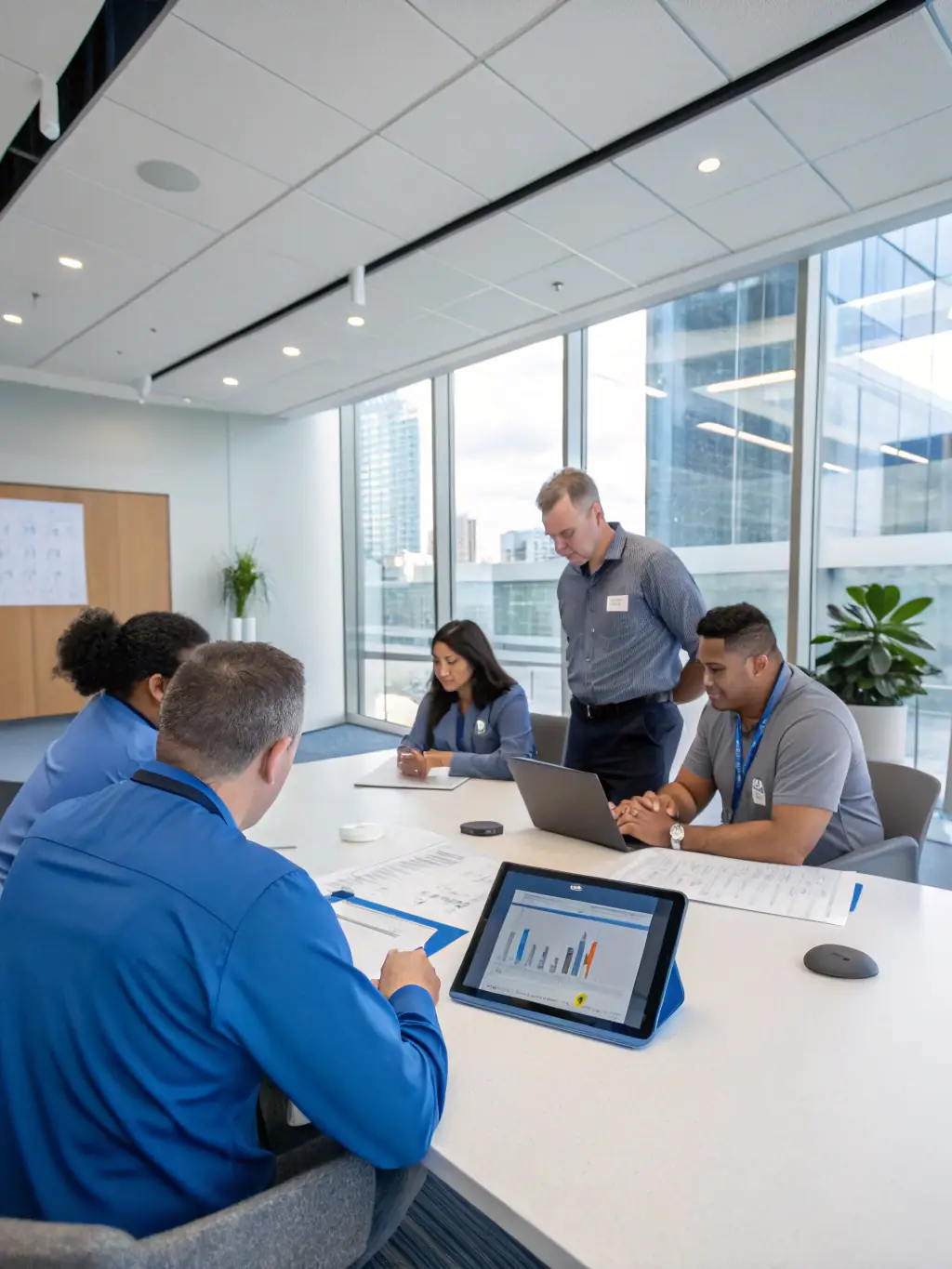 An image representing technology consulting, showing a team of FANNIETECH experts discussing cloud solutions and AI implementation. The image should convey innovation and technical expertise.