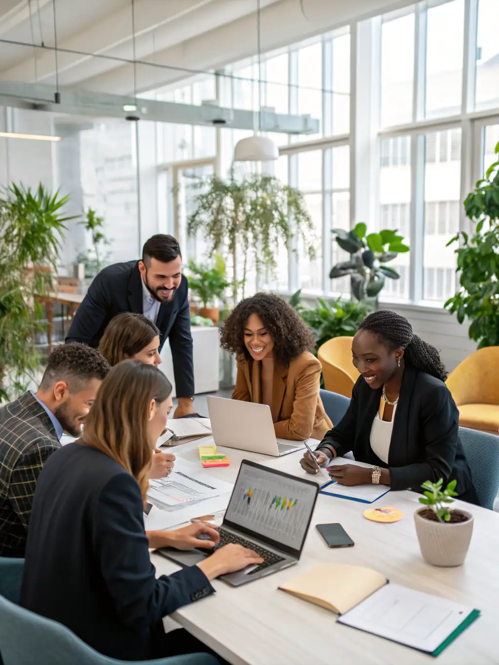 A professional, brightly lit photograph of diverse employees collaborating around a digital dashboard displaying talent profiles and skill matrices, emphasizing talent management within ClouderixAI.