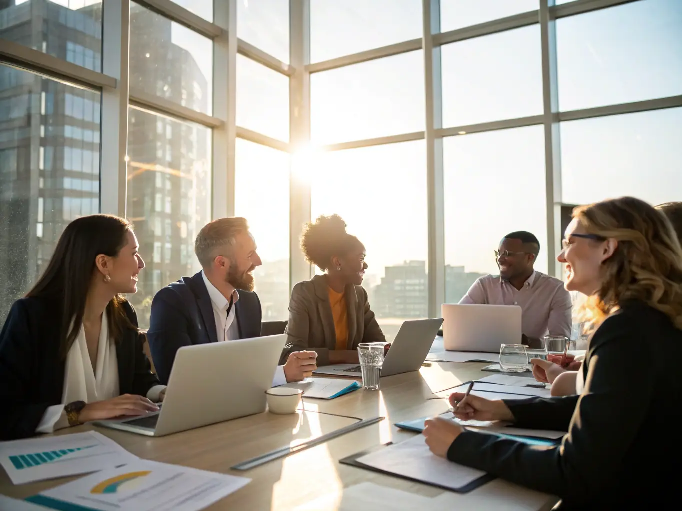 A diverse team of FANNIETECH recruiters collaborating on talent acquisition strategies in a modern office setting, emphasizing their commitment to finding the best talent for their clients.