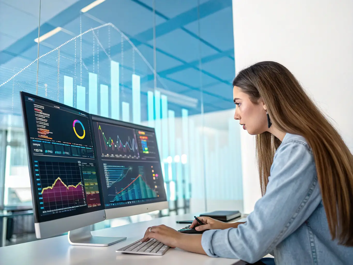 A data analyst reviewing workforce analytics on a computer screen with financial graphs, illustrating FANNIETECH's FinTech Workforce Analytics Platform.