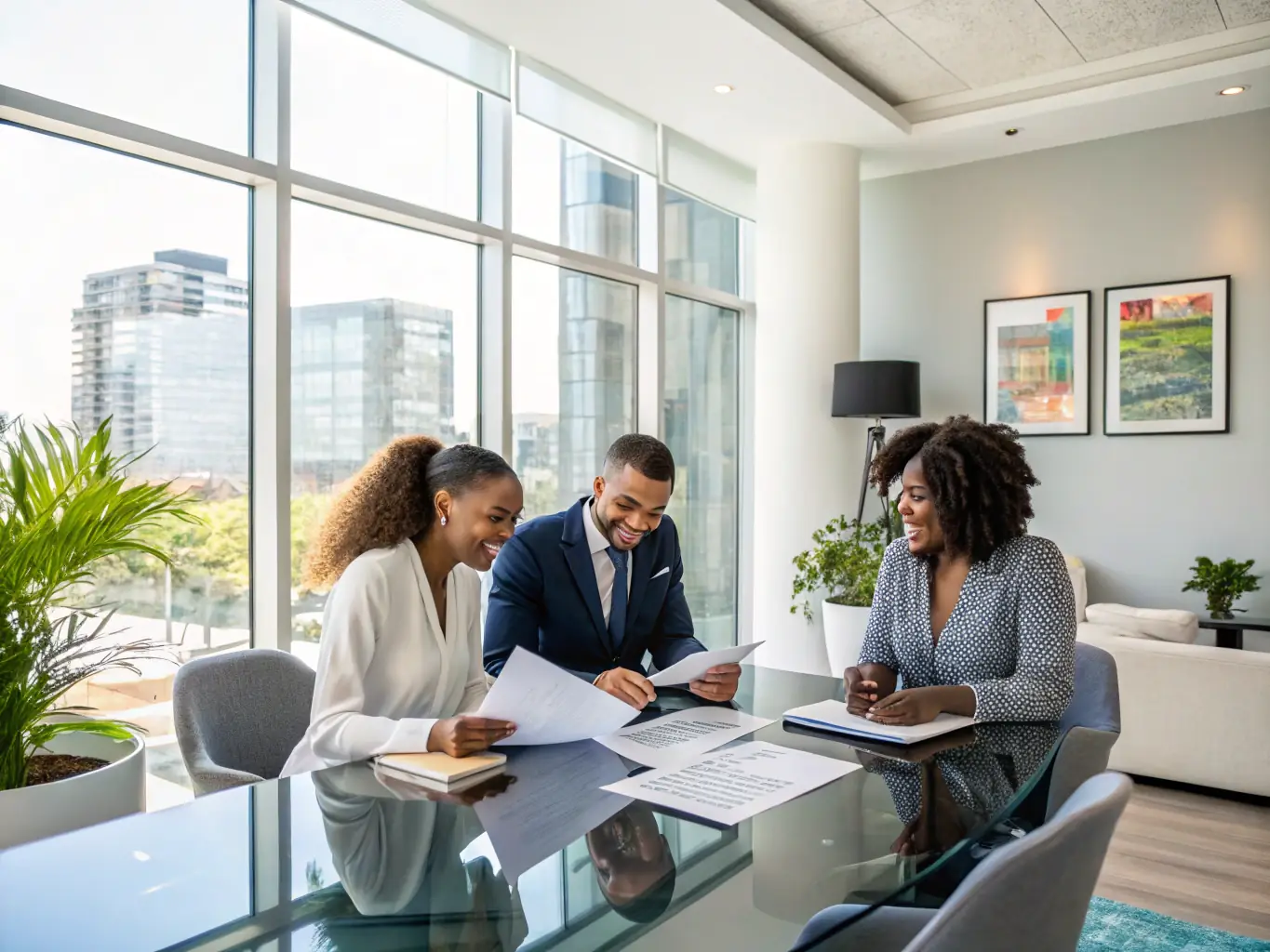 A team of financial analysts collaborating in a modern office, representing FANNIETECH's contributions to the BFSI sector.