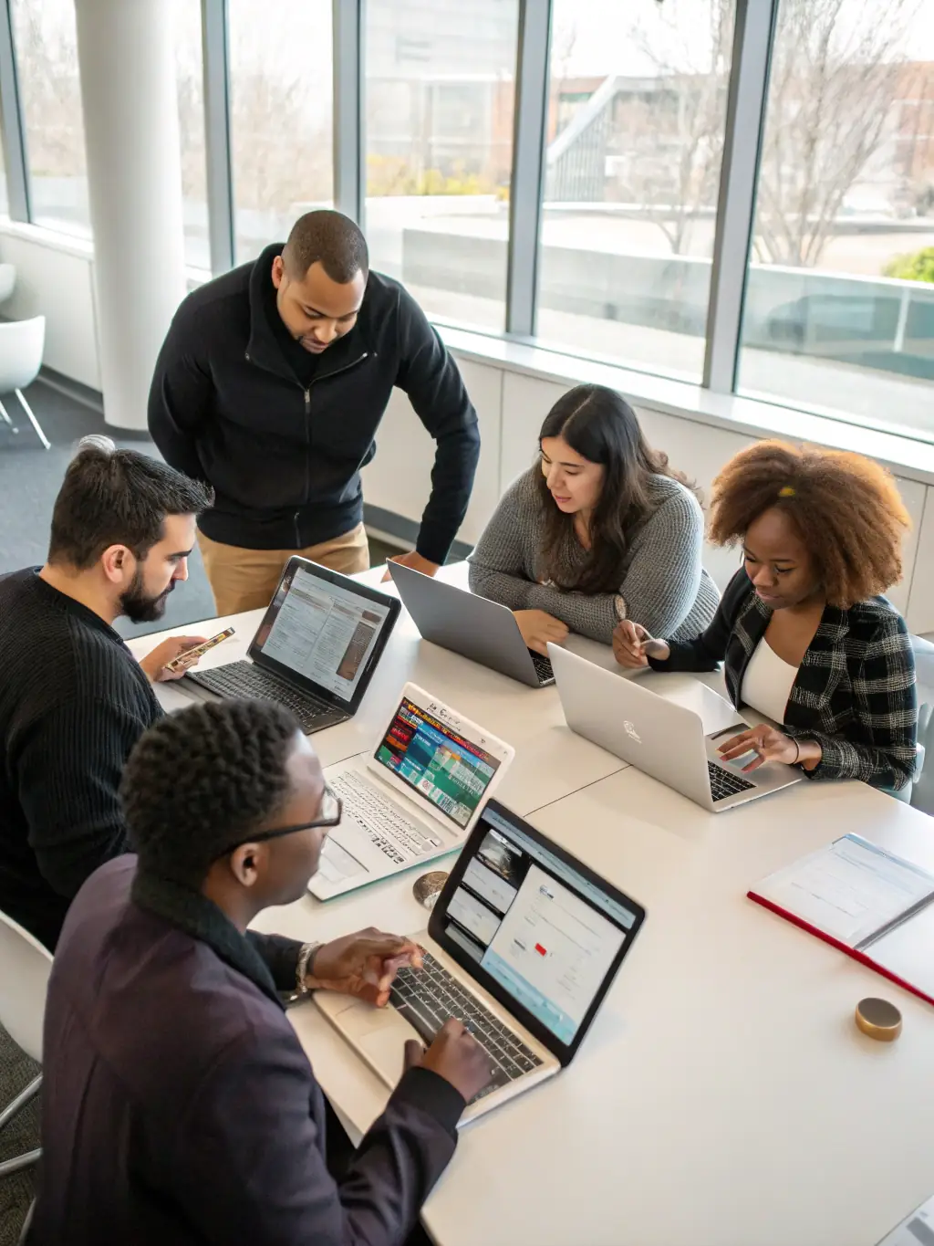 A diverse team collaborating on ClouderixAI, showcasing streamlined hiring processes and improved team dynamics within FANNIETECH.