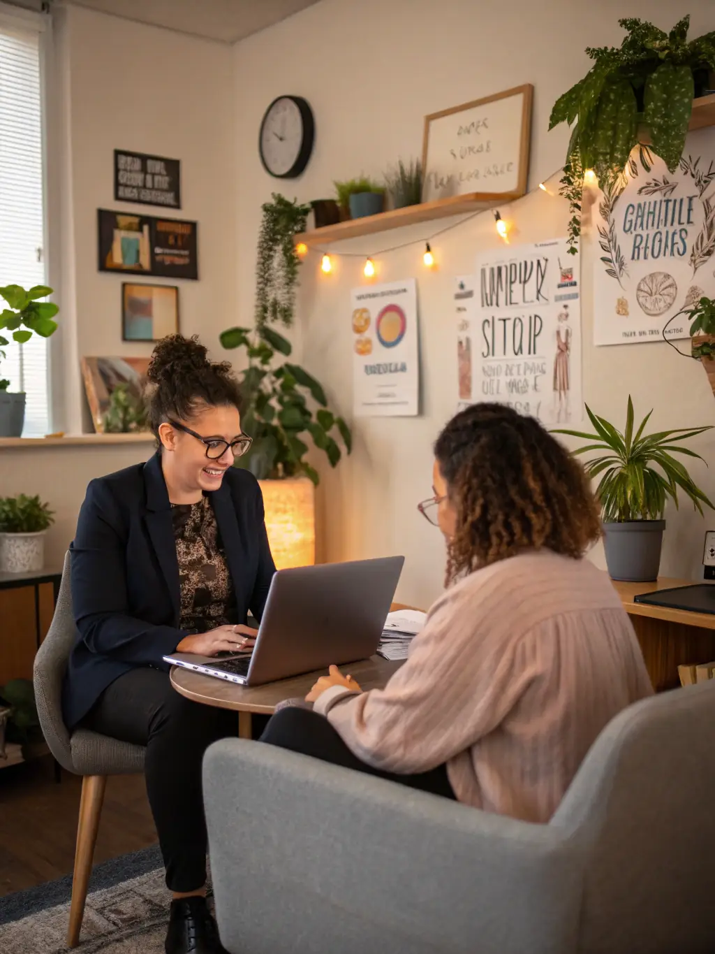 A supportive image of a FANNIETECH career coach assisting a job seeker with resume writing and interview preparation. The setting is a comfortable and encouraging environment.